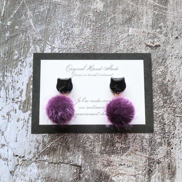 黒猫のイヤリング or ピアス　ハロウィン早割 🎃　紫色　