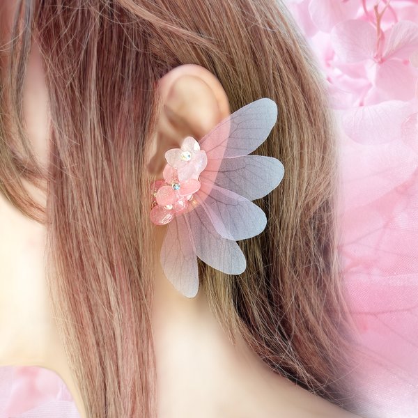  《シェリー》桃桜の妖精のイヤーカフ　〜紫陽花とシフォン羽根のイヤーカフ（イヤリング）〜
