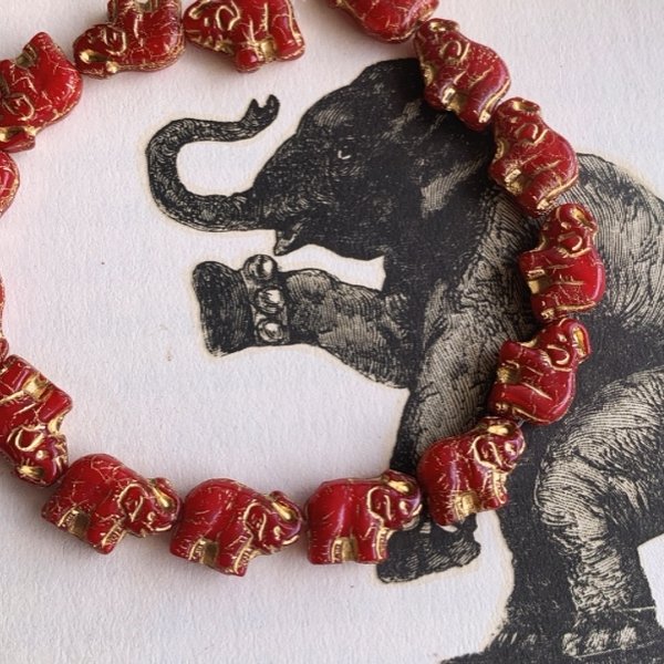 【4コセット】JIRI＊IVANA#czech beads#チェコビーズ　elephant 🐘14✖️10㍉　Bordeaux carmine red/bronze