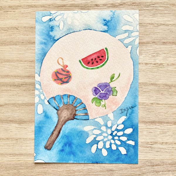 🍉透明水彩画「うちわ」イラストポストカード２枚セット 暑中見舞いはがき 残暑見舞い　暑中見舞い　父の日　スイカ　朝顔🍉