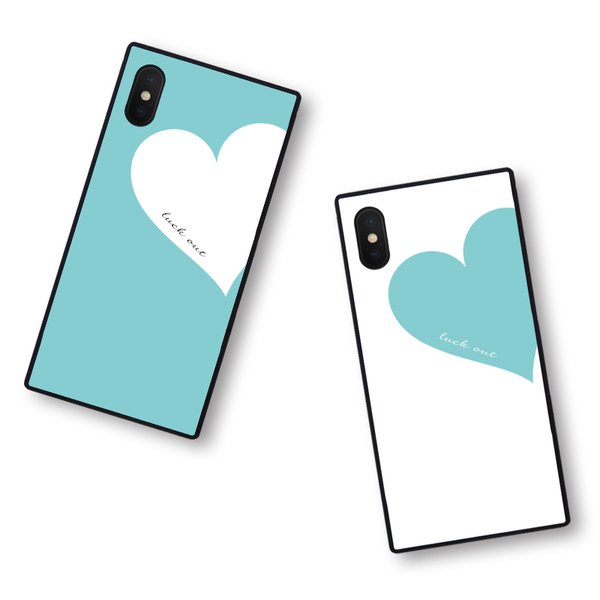 Big Heart♡ティファニーブルー風　スクエア型強化ガラスケース　iPhoneケース/iPhone12Pro/iPhoneXS/iPhoneXR/iPhoneSE2