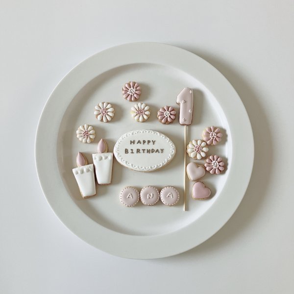 ピンクのお花の誕生日アイシングクッキーセット