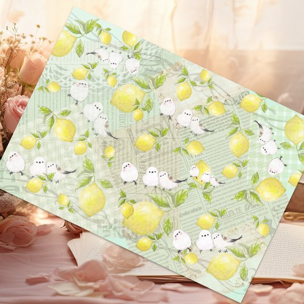 レモンいっぱいデザインペーパー/A４サイズ・６枚セット　シマエナガとレモンのデザインペーパー