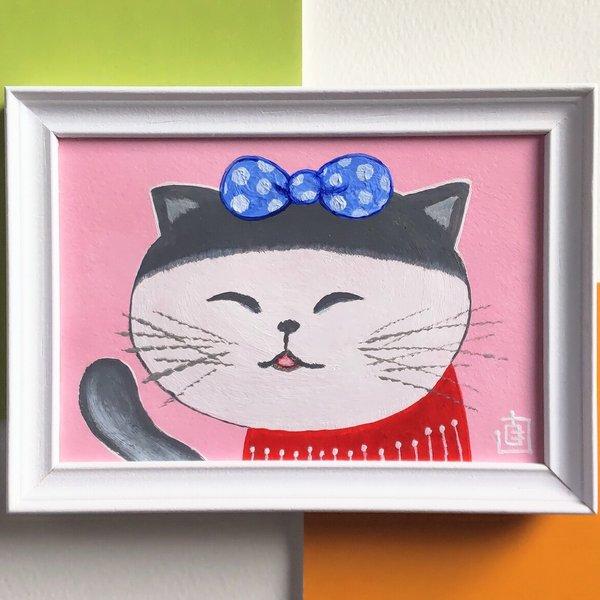 絵画 原画『出かけてくるね』額付き 猫 リボン