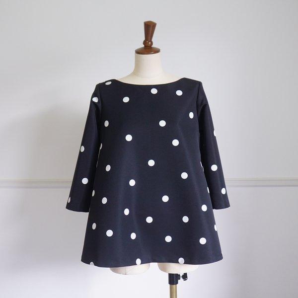 Polka dot A-line long sleeve blouse ドットのAライン七分袖ブラウス（ブラック）38