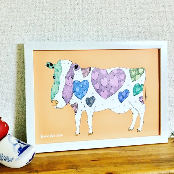 牛さんとハート/Love&cow　アートポスター 　イラスト 　A4/B4/A3