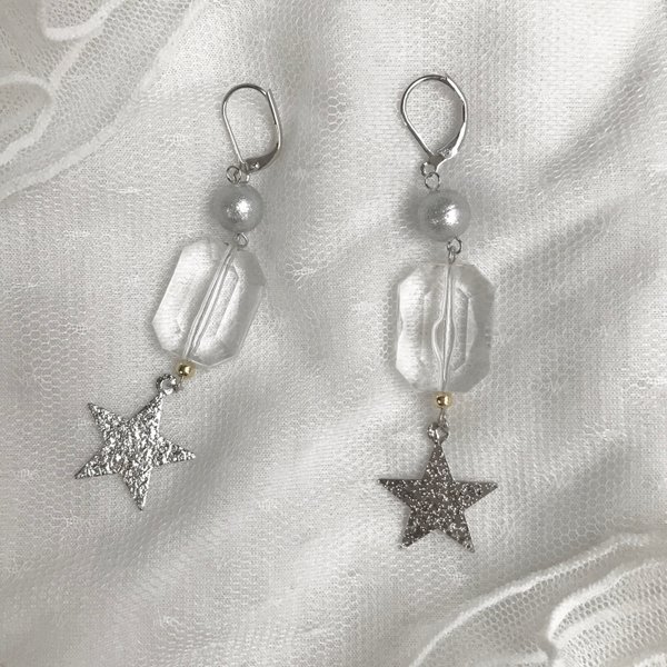 Silver star + shiny pearl＆bijou（イヤリング/ピアス/樹脂ピアス/樹脂ノンホールピアス）