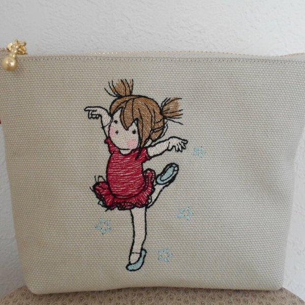 バレリーナの女の子刺繍の帆布のポーチ レッド １６㎝