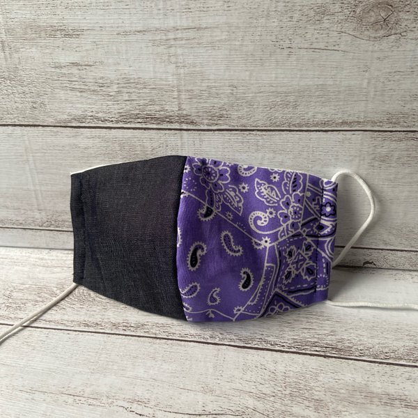 ハンドメイド 立体マスク ペイズリー紫×デニム調インディゴ