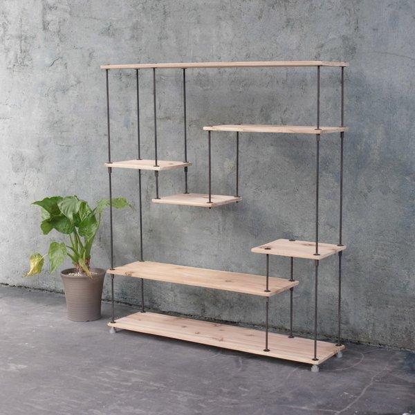 【即納】wood iron shelf 1040*910*225〈ナチュラル色〉（アイアン 棚 シェルフ ウッド 鉄 木 収納棚 アンティーク オープンラック 両面棚 段違い棚 観葉植物）