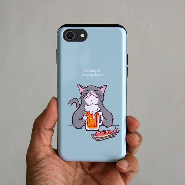 ICカード対応iPhoneケース　猫がビールで乾杯（ブルーグレー）