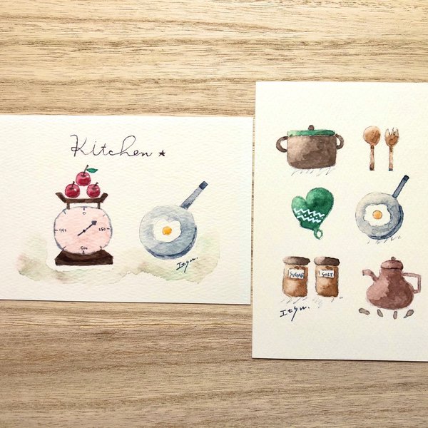 🍴透明水彩画「キッチン」北欧イラストポストカード 2枚セット りんご　目玉焼き🍴