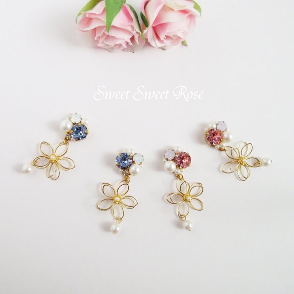 【２色】Bijou & Wire Flower  イヤリング ピアス ビジュー スワロフスキー 花 フラワー ワイヤー パール