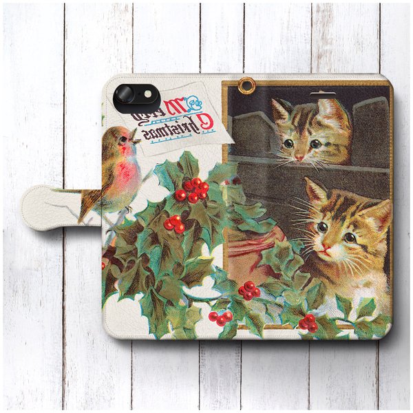 【猫と鳥 ヴィンテージクリスマスカード】スマホケース手帳型 全機種対応 iPhoneXR GalaxyS10 HUAWEI P30 AQUOS R3 Xperia Ace