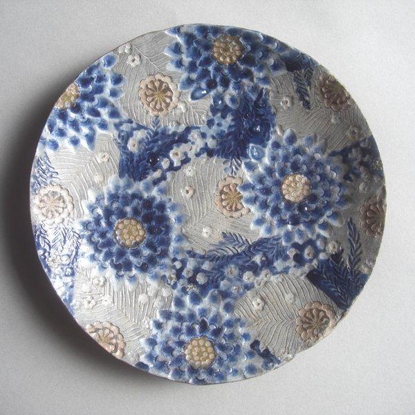 藍の花　皿　オーブン陶芸