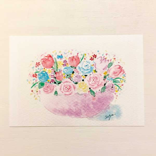🌹「花盛り」 水彩画イラストポストカード2枚セット　バラ　チューリップ 🌹
