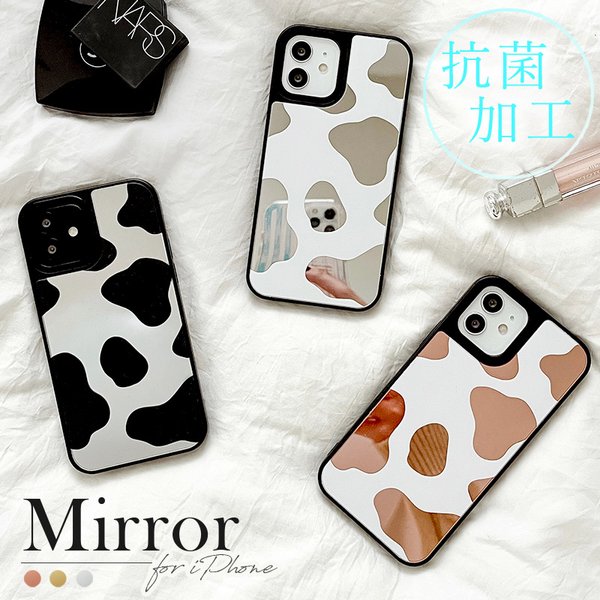 抗菌 送料無料 ミラーケース 牛柄 moomoo iPhone14 Pro iPhone 13 12 mini 11 XR 7 8 SE 韓国 鏡面 背面 アイフォンケース グリップ スマホ ケース