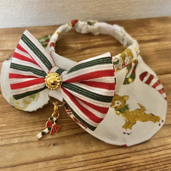 犬・猫の首輪　26～29　cocoちゃん丸襟リボンチョーカー　レトロな猫のクリスマス・白・ステッキ