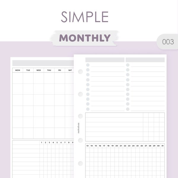 《003-M5～A5》カスタマイズしやすいシンプルな一ヶ月分 システム手帳リフィル