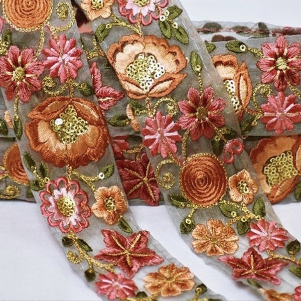 インド刺繍リボン シルク 高級 グレー オレンジ 刺繍テープ 刺繍ピアスに 北欧