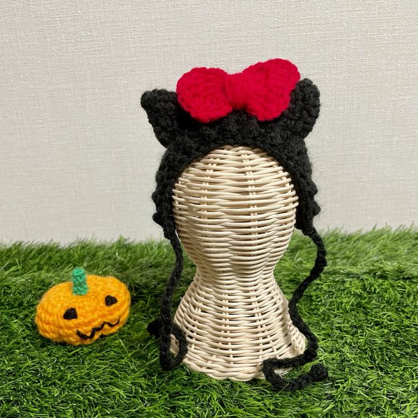 ハロウィン 赤いリボン 黒猫  ニット帽 