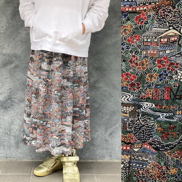 着物リメイク　ベルト付きギャザーロングスカート　long skirt made from Kimono