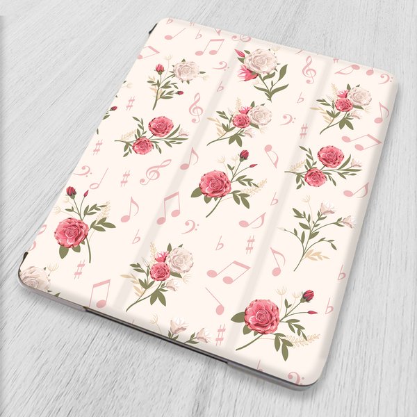 再販×2♪軽量♪『ピンクの薔薇と音符』iPadケース　タブレットケース　mini5 mini6 10.2 第8世代 第9世代 Air4 Pro 11 12.9 2021 第5世代 手帳型 バラ 花柄