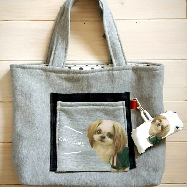 オーダーメイド　うちの子 プリント　お散歩バッグ  チャーム付き 犬 猫 オリジナル  バッグ 