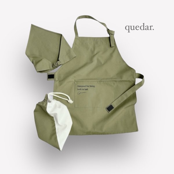 【モスグリーン】ひとりで着れるシンプルなキッズエプロン　こどもエプロン　男の子エプロン　女の子エプロン　エプロンセット　三角巾　巾着袋