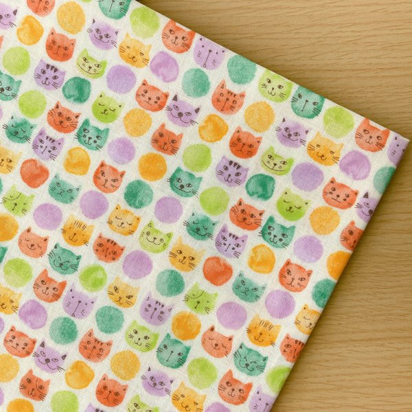 50*50【Wガーゼ】Colorful Cat Face／クリーム《 生地 ダブルガーゼ ガーゼ生地 コットン 綿 ねこ 猫 ネコ 水彩 サークル カラフル COTTONCANDY ガーゼ 》