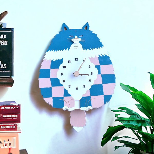 長毛猫 × 市松模様 × ターコイズブルー × フロリダピンクの時計 木製 振り子時計 掛け時計