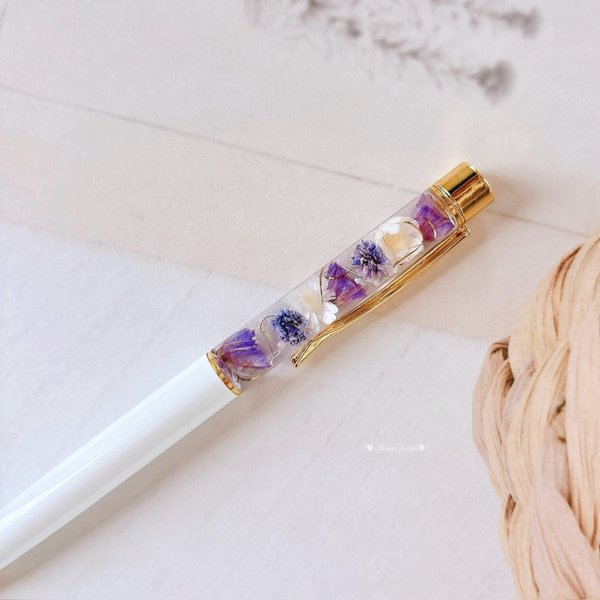 紫と白の美しさ❋固まるハーバリウム トップクリスタル付き𑁍ハーバリウムボールペン -ホワイト-