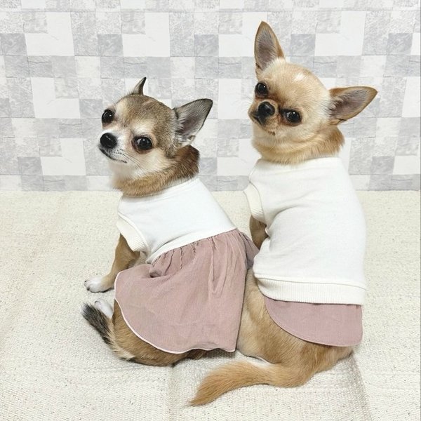 【犬服セミオーダー】パピー犬服小型犬服ロング犬服中型犬服 きなりスウェット犬服くすみピンクワンピース＆重ね着風