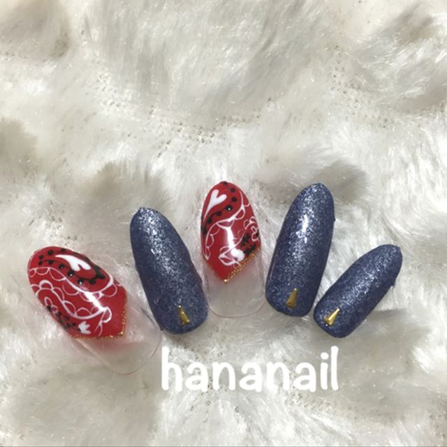 オーバル Vフレンチ バンダナアート デニムマットコートジェルネイル オーバル Vフレンチ バンダナアート デニムマットコートジェルネイル