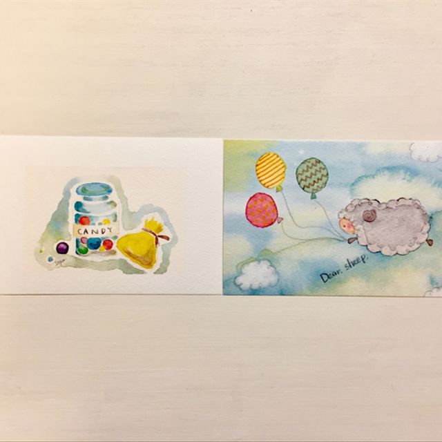 飴ちゃんと空飛ぶひつじ 水彩画イラストポストカード2枚セット 羊