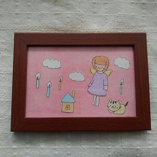 天使さんとキャンドル イラスト原画 フレーム付き ハンドメイド