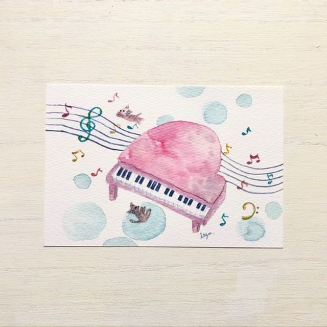 ピンクのピアノ 音楽好きの猫たち 水彩画イラストポストカード 2 ピンクのピアノ 音楽好きの猫たち 水彩画イラストポストカード 2