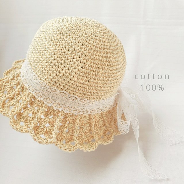 コットン 糸で編んだ 麦わら帽子 ベビー 赤ちゃん Minne 日本最大級のハンドメイド 手作り通販サイト