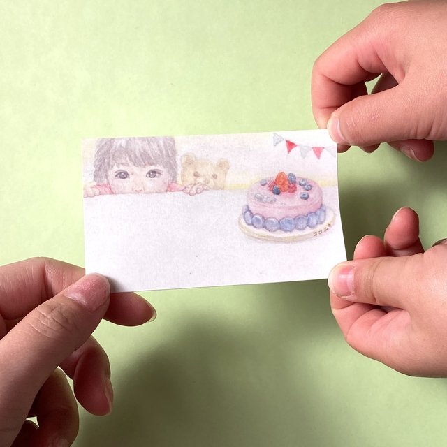 水彩画メッセージカード ケーキと女の子とクマのぬいぐるみ 手描きイラストのミニカード10枚 Minne 日本最大級のハンドメイド 手作り通販サイト