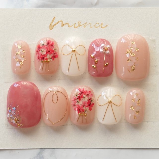 105 アーモンドピンクベージュネイル押し花ネイル金箔ワイヤーネイルブライダルネイル和装ネイルシンプルネイル上品ネイルニュアンスカラー大人ネイル成人式 ネイル着物ネイル前撮り卒業ニュアンスリボン赤 ハンドメイドマーケット Minne