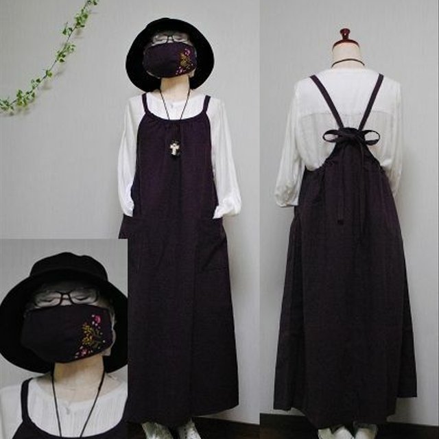 刺繍マスク付きワンピース リネン混 エンジ系 エプロンワンピース ストンと着るタイプ ロング丈 ハンドメイドマーケット Minne 刺繍マスク付きワンピース リネン混 エンジ系 エプロンワンピース ストンと着るタイプ ロング丈 ハンドメイドマーケット Minne