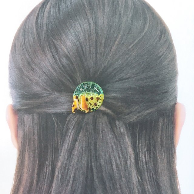 シャボン玉とひまわりと猫たちのヘアゴム フラワー 空 レジン 夏 シャボン玉とひまわりと猫たちのヘアゴム フラワー 空 レジン 夏
