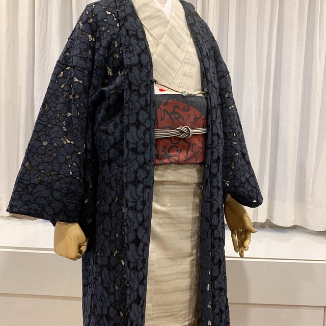 発売記念セール◾️レース長羽織　丈94 裄69.5 単衣　紺　藍　ネイビー カジュアル着物