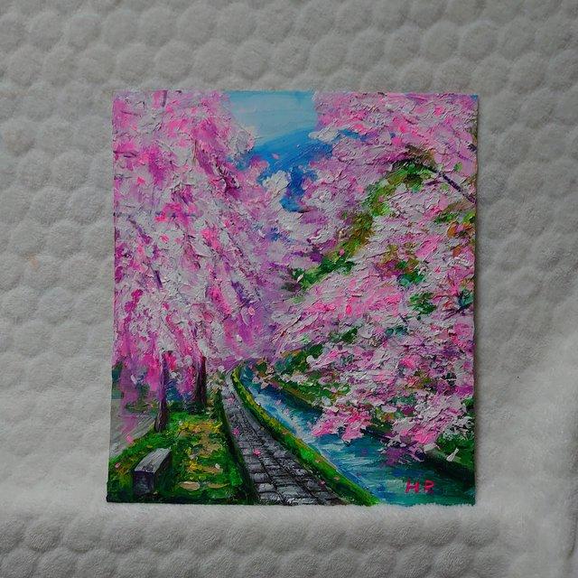 通販安心 油絵 絵画【桜と川】 絵画/タペストリ
