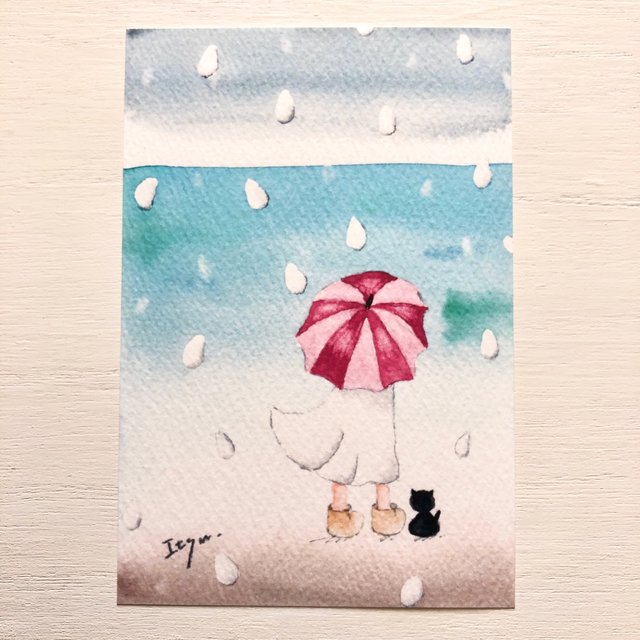 海を見ていた雨の日 水彩画イラストポストカード2枚セット 猫 ねこ 海 傘 メッセージカード 父の日 母の日 梅雨 ハンドメイドマーケット Minne