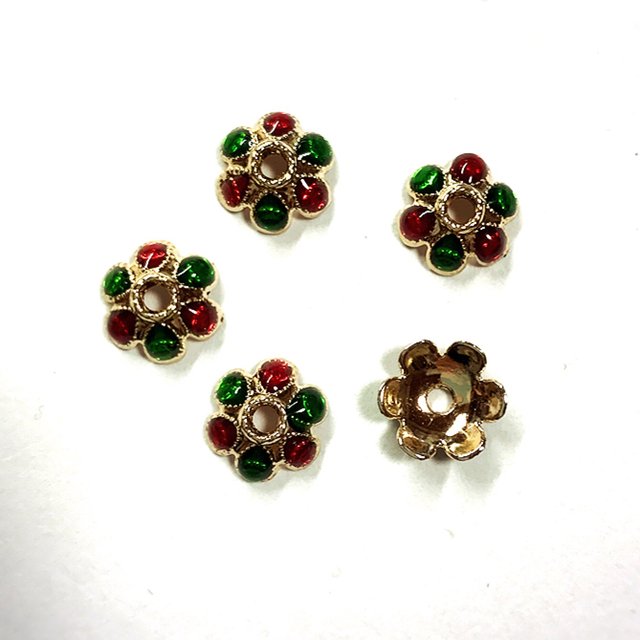 【6個】赤と緑の6枚花びらのビーズキャップ  ゴールド    座金