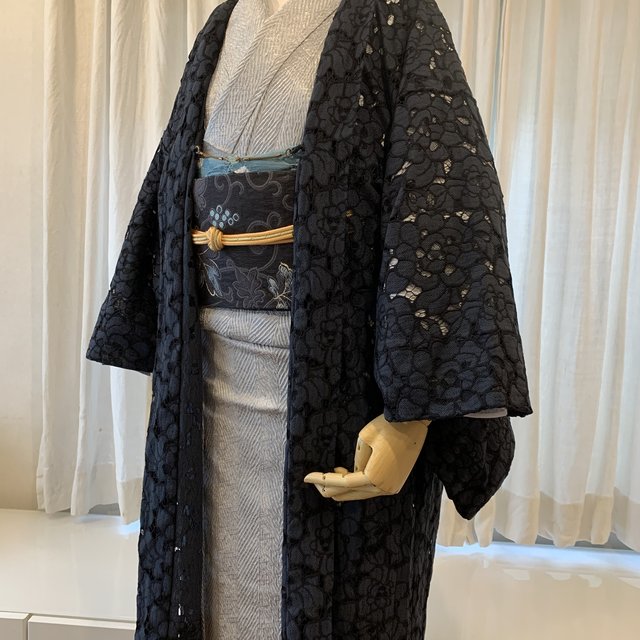 発売記念セール◾️レース長羽織　丈94 裄69.5 単衣　紺　藍　ネイビー カジュアル着物