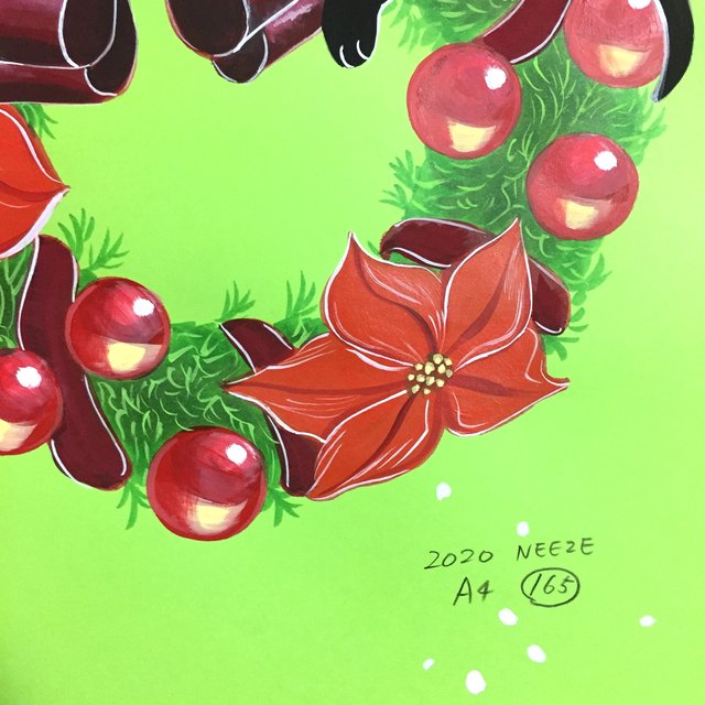 A4原画(165)【クリスマスリースと黒猫のイラスト】 秋 オータム 冬 ウインター アニマル 絵 絵画 アート 手描き イラスト 猫 クリスマス