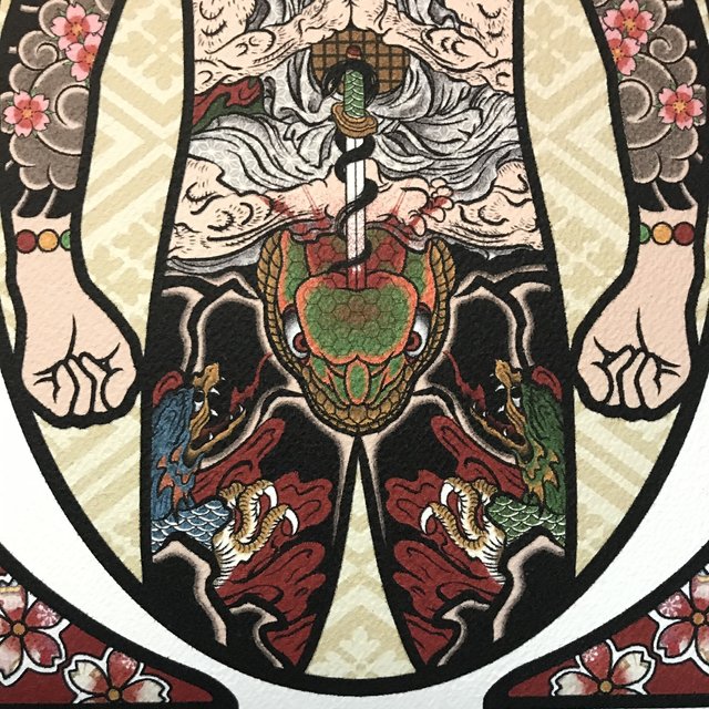B5サイズ 和彫り タトゥー 刺青 イラスト 男子背中ノ図 鬼童丸 桜吹雪 フレーム付き ハンドメイドマーケット Minne B5サイズ 和彫り タトゥー 刺青 イラスト 男子背中ノ図 鬼童丸 桜吹雪 フレーム付き ハンドメイドマーケット Minne