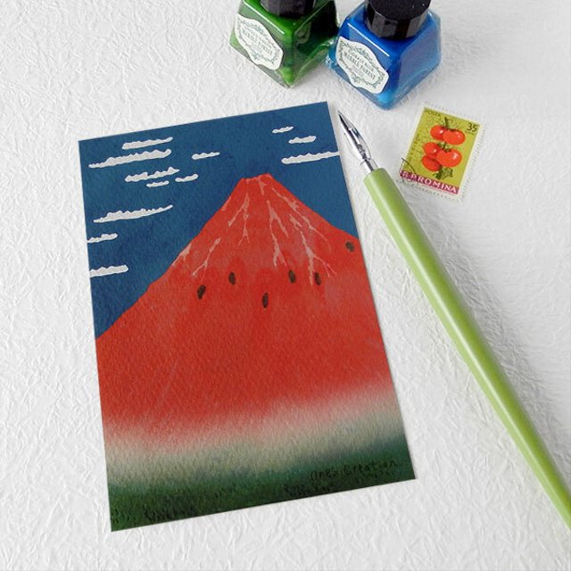 富士山スイカ ポストカード 3枚セット 暑中見舞い 残暑見舞いハガキなどに Minne 日本最大級のハンドメイド 手作り通販サイト